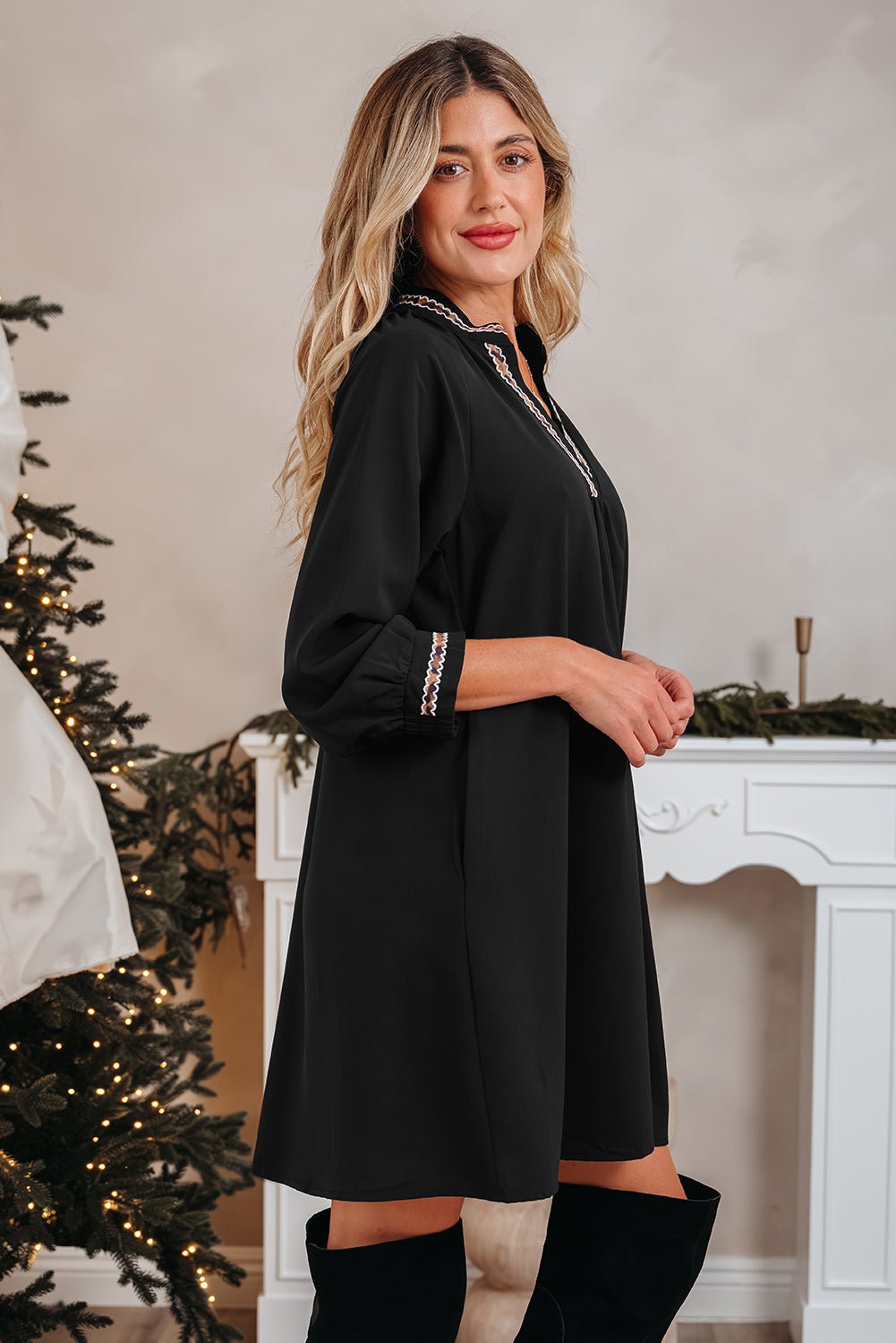 Contrast Trim V-Neck 3/4 Sleeve Mini Dress - Rooted & Reckless Co.