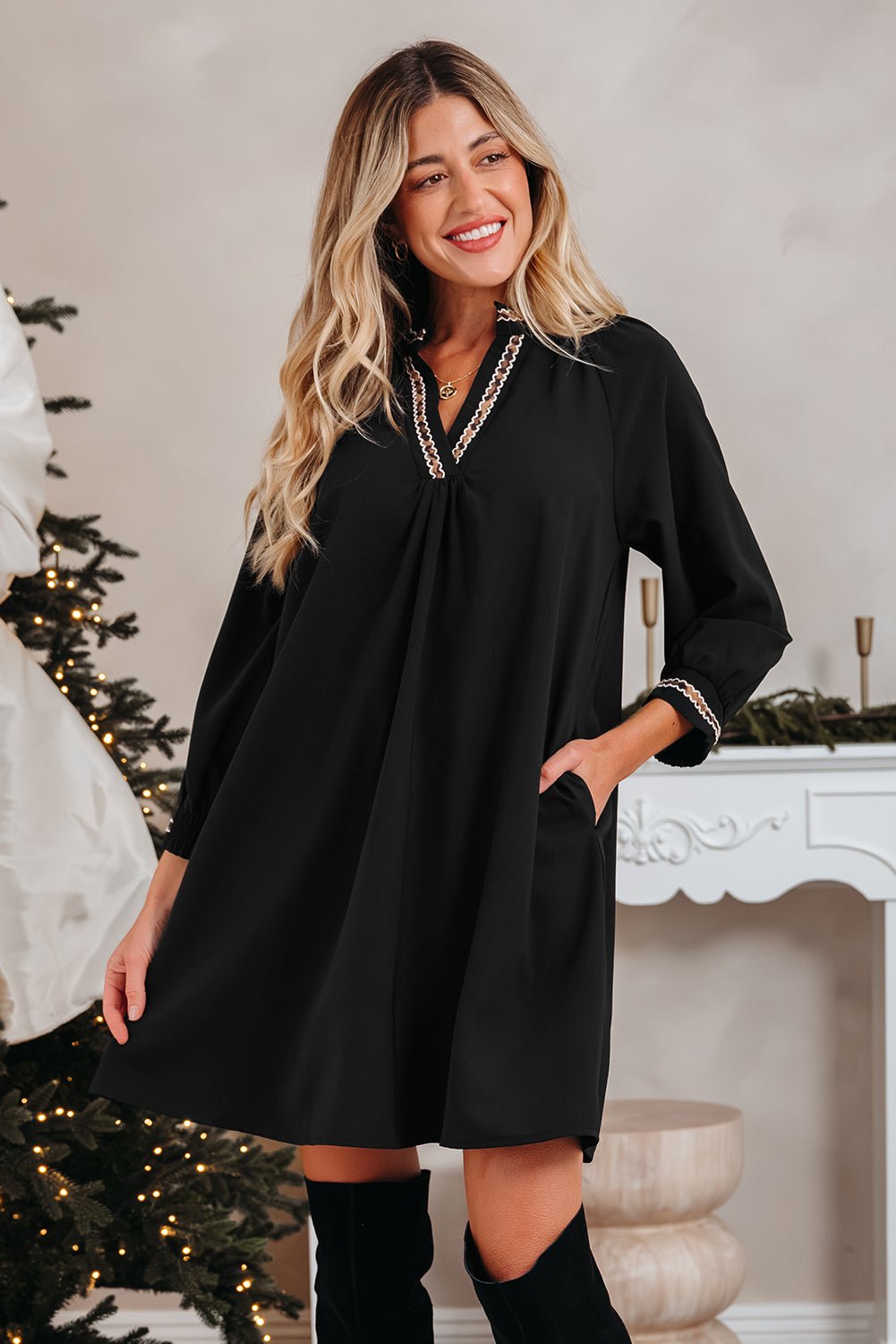 Contrast Trim V-Neck 3/4 Sleeve Mini Dress - Rooted & Reckless Co.