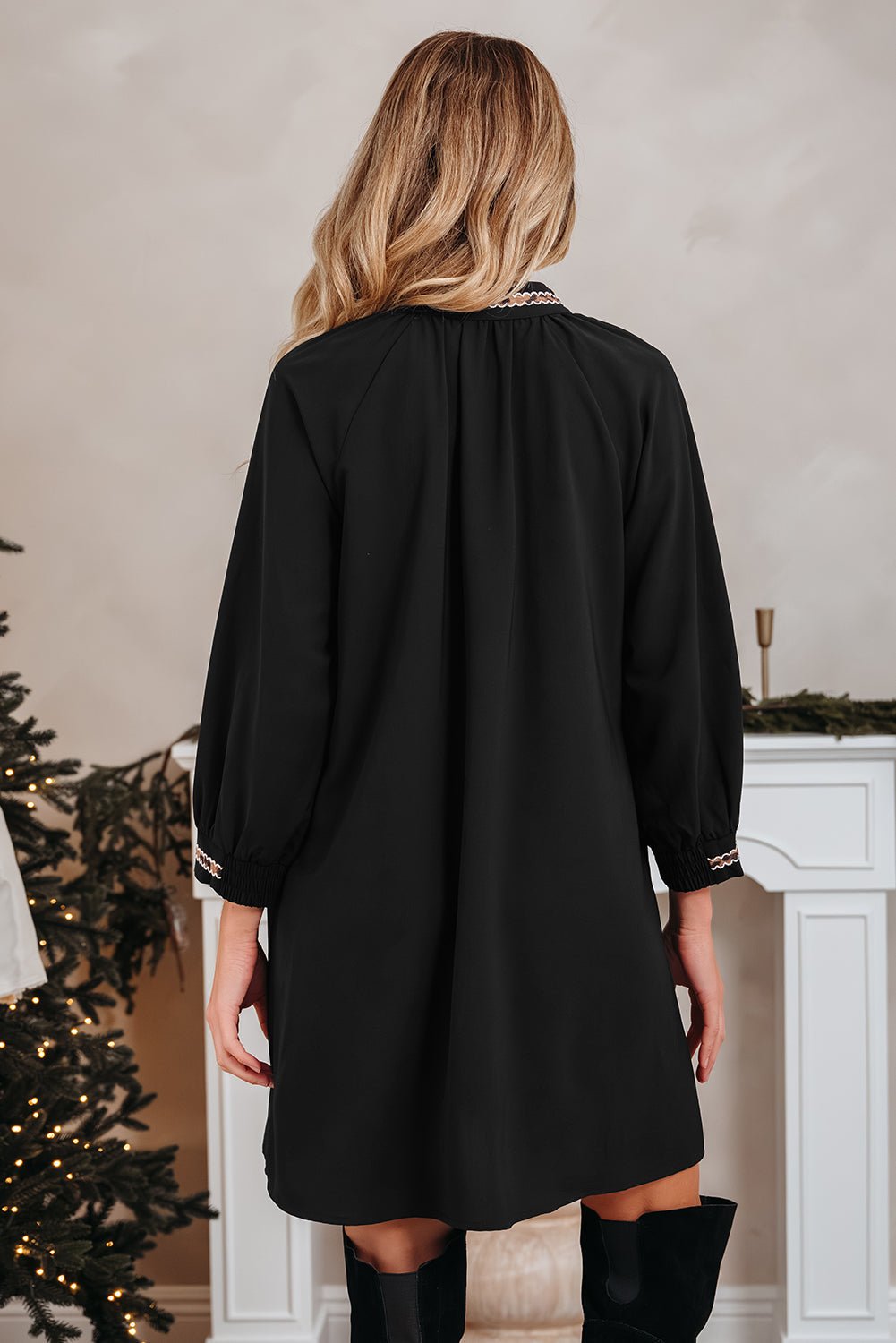 Contrast Trim V-Neck 3/4 Sleeve Mini Dress - Rooted & Reckless Co.