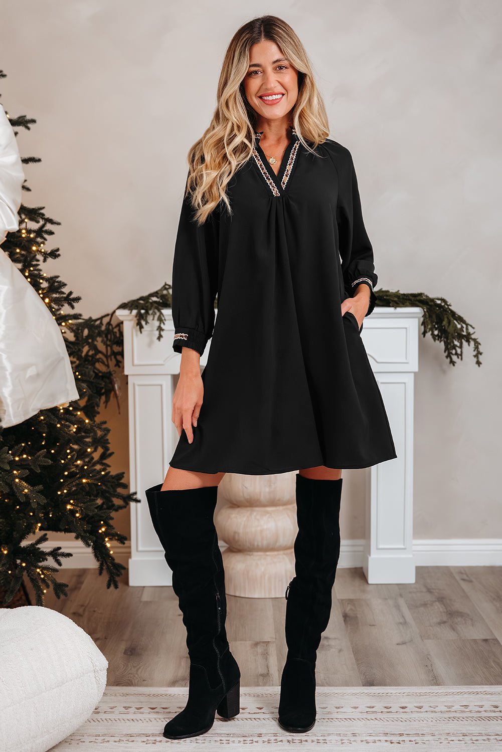 Contrast Trim V-Neck 3/4 Sleeve Mini Dress - Rooted & Reckless Co.