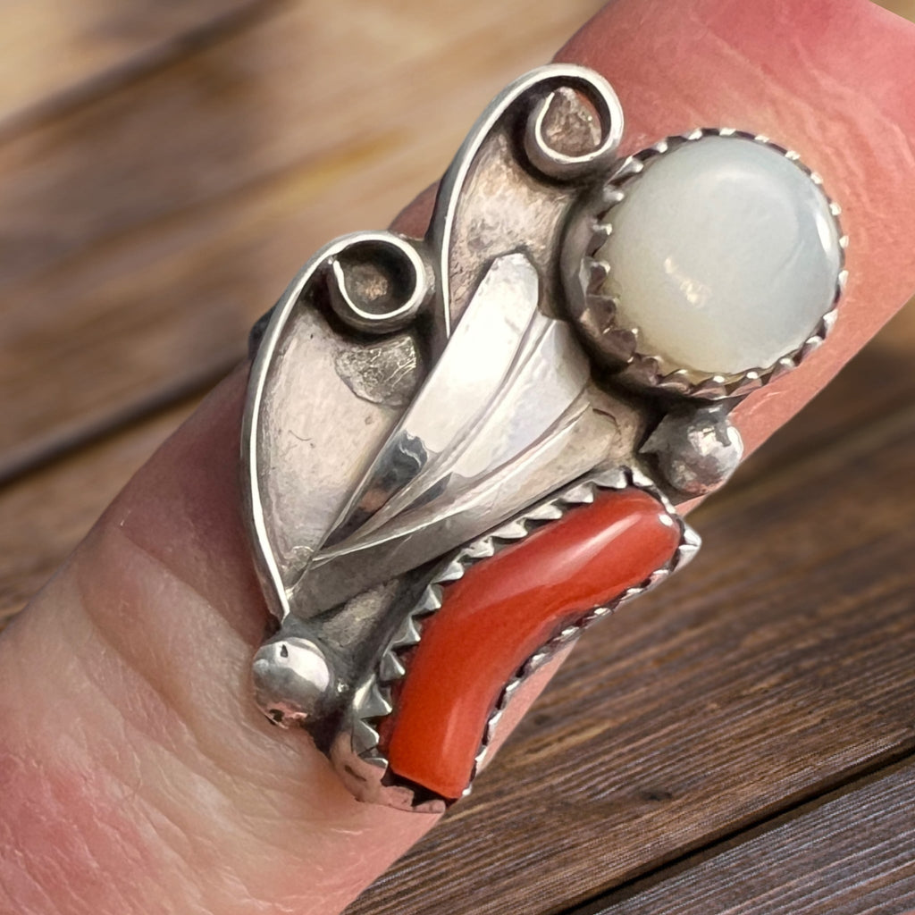 Coral & Mother of Pearl Sterling Silver Flower-Style Ring — Size 5 - Rooted & Reckless Co.