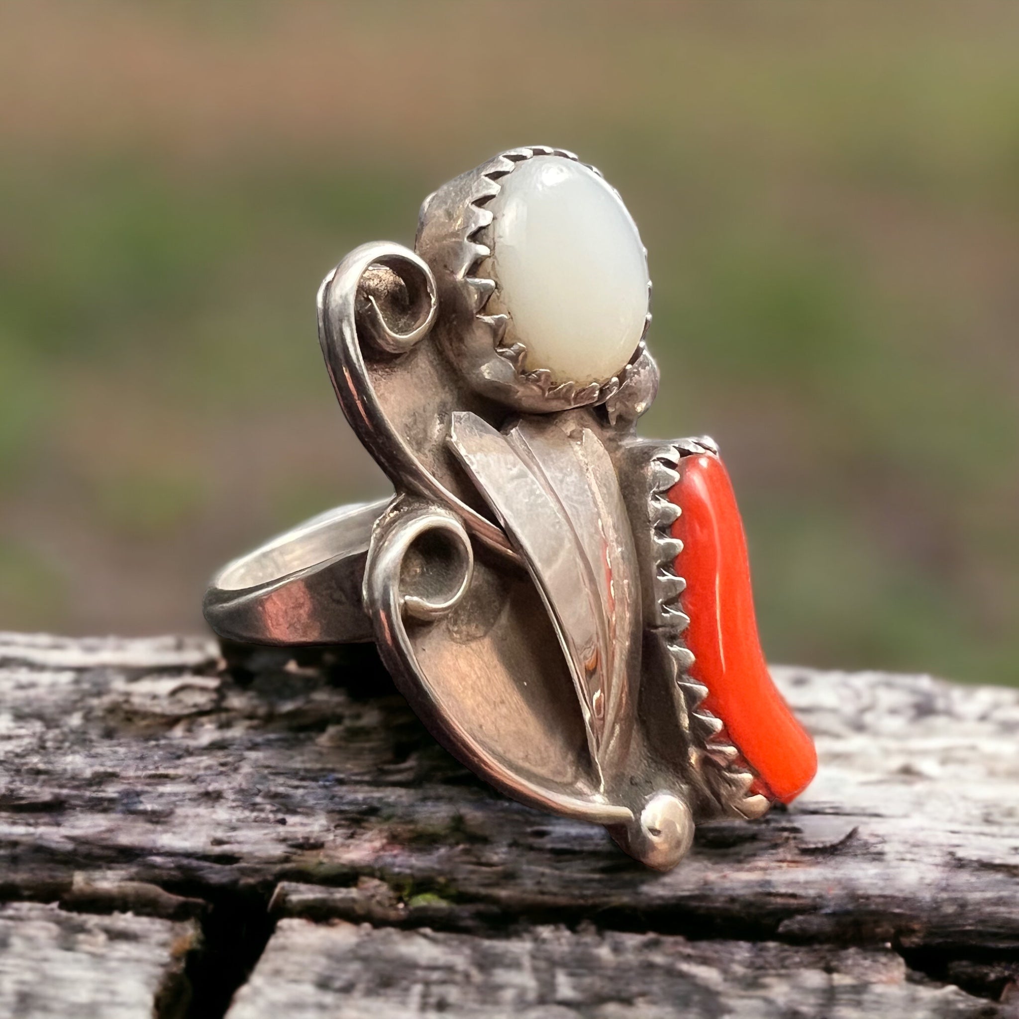 Coral & Mother of Pearl Sterling Silver Flower-Style Ring — Size 5 - Rooted & Reckless Co.