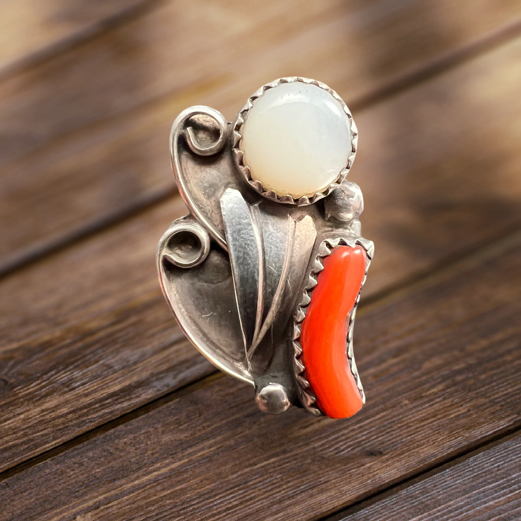 Coral & Mother of Pearl Sterling Silver Flower-Style Ring — Size 5 - Rooted & Reckless Co.