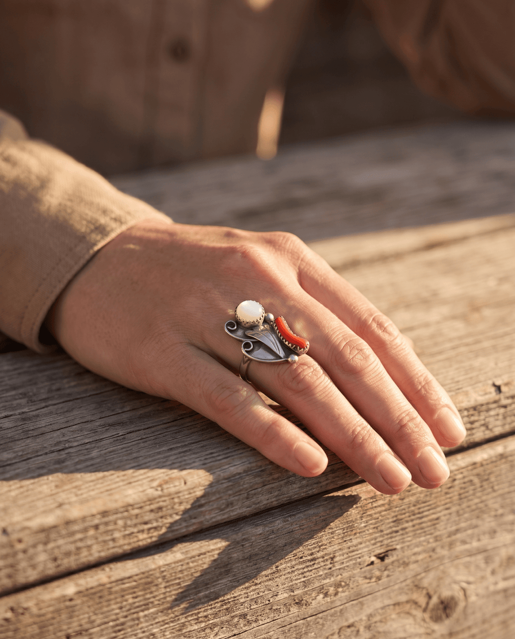 Coral & Mother of Pearl Sterling Silver Flower-Style Ring — Size 5 - Rooted & Reckless Co.