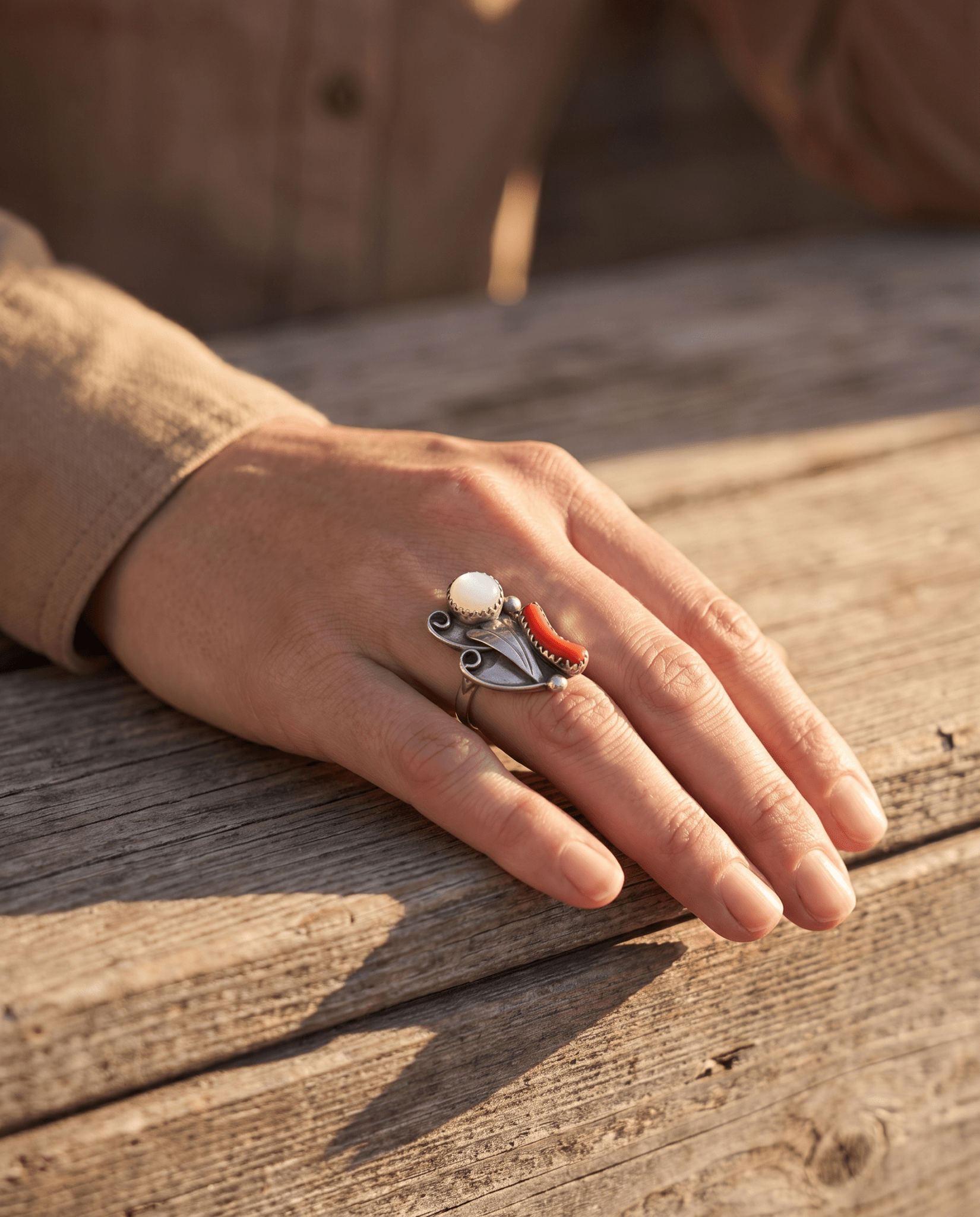 Coral & Mother of Pearl Sterling Silver Flower-Style Ring — Size 5 - Rooted & Reckless Co.