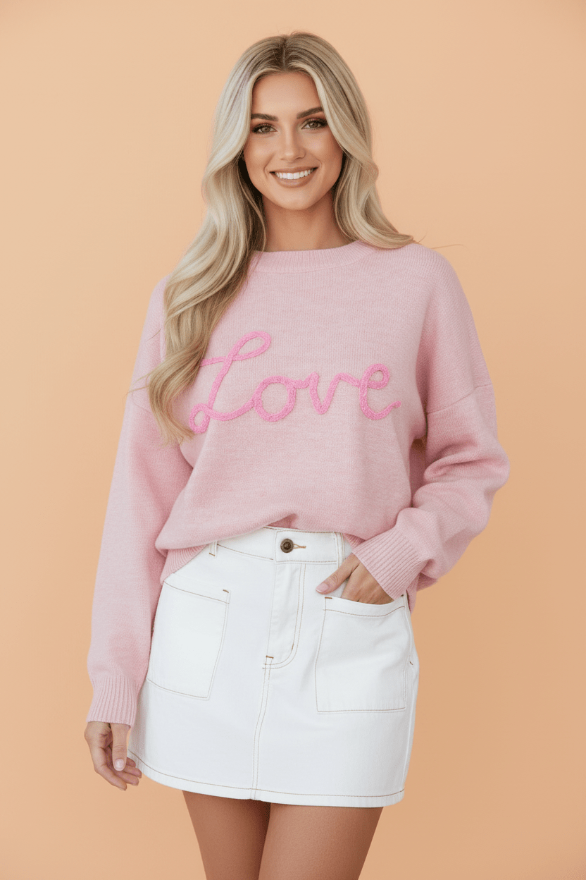 Corded Knit Love Script Graphic Baggy Sweater - Rooted & Reckless Co.