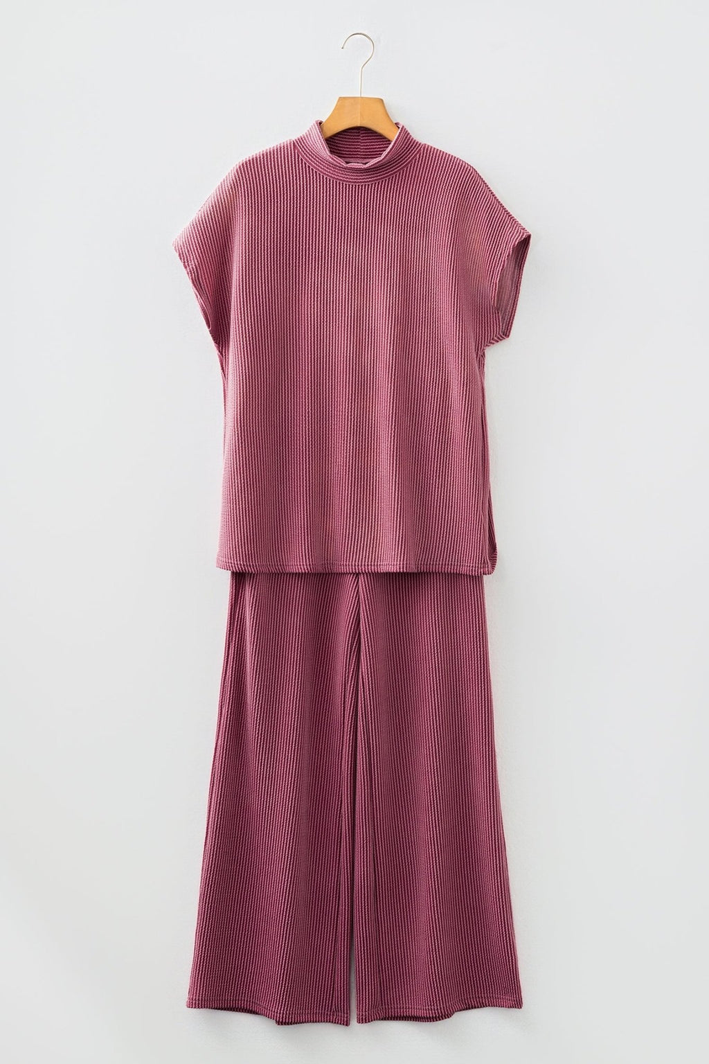 Corded Knit Mock Neck Tee and Pant Set - Rooted & Reckless Co.