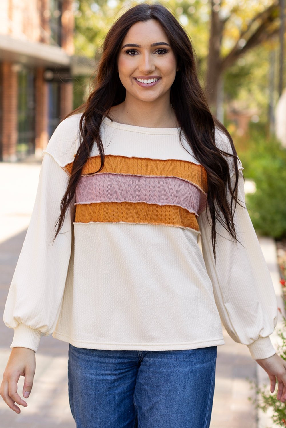 Corded Knit Reverse Seam Patchwork Drop Sleeve Top - Rooted & Reckless Co.