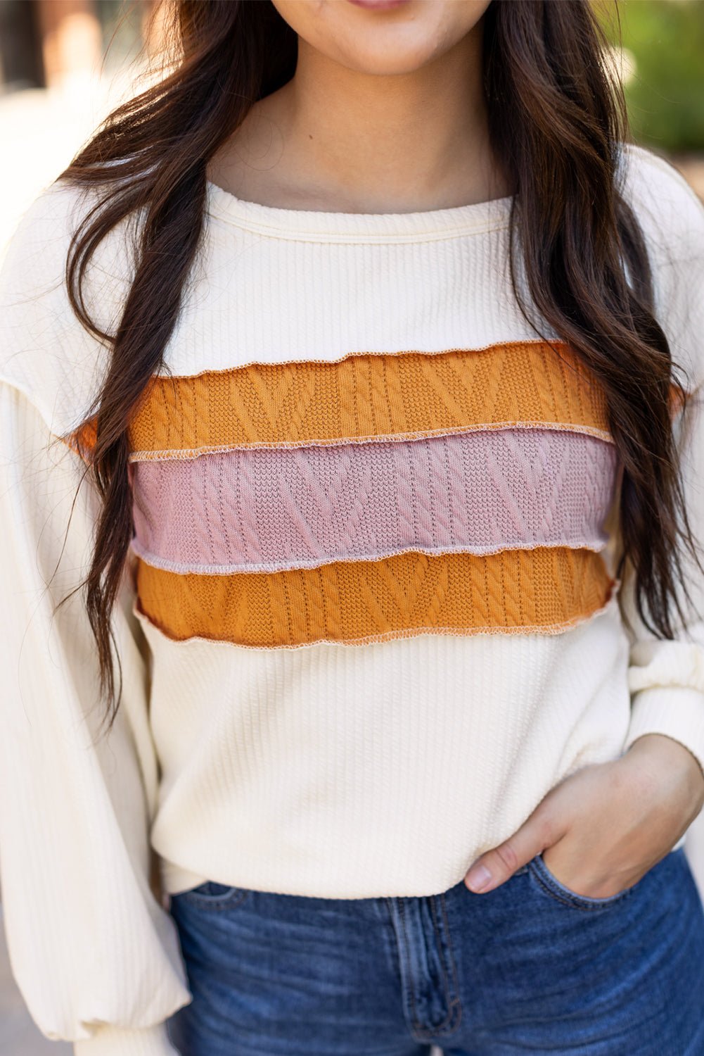 Corded Knit Reverse Seam Patchwork Drop Sleeve Top - Rooted & Reckless Co.