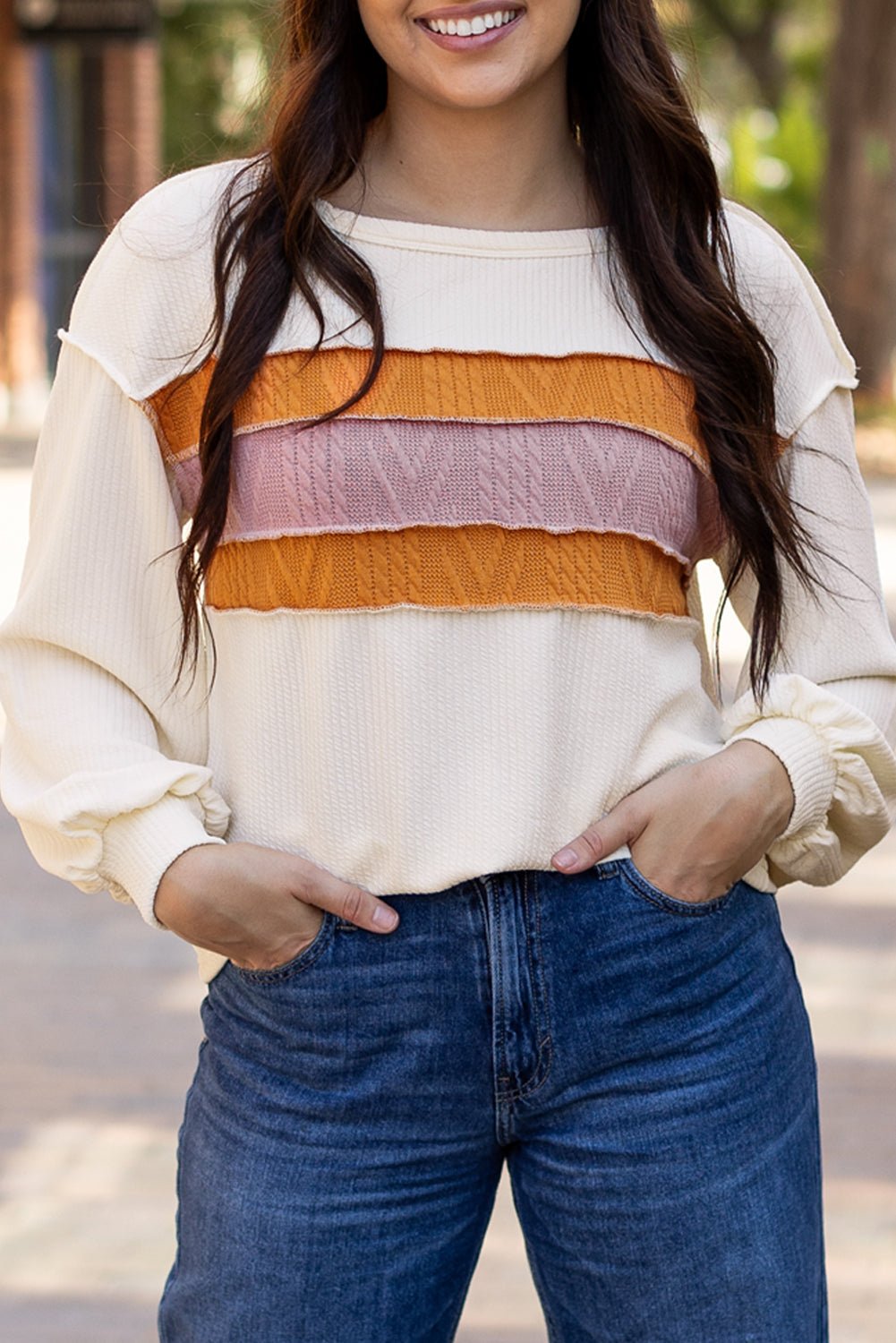 Corded Knit Reverse Seam Patchwork Drop Sleeve Top - Rooted & Reckless Co.
