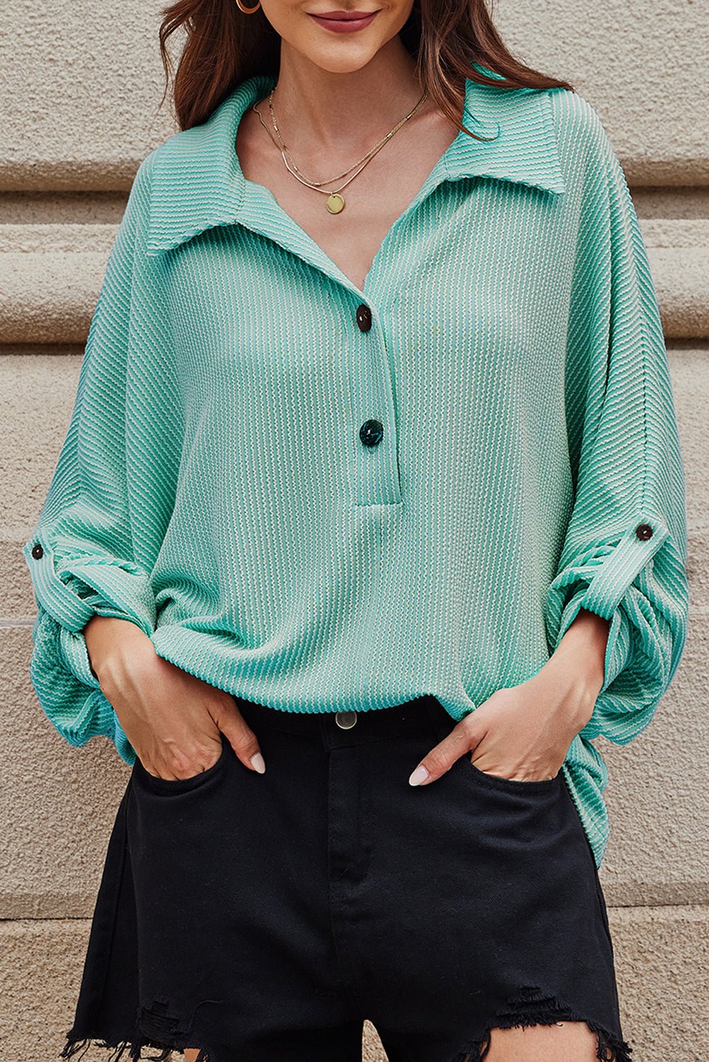 Corded Knit Roll-Up Sleeve Collared Henley Top - Rooted & Reckless Co.
