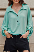 Corded Knit Roll-Up Sleeve Collared Henley Top - Rooted & Reckless Co.