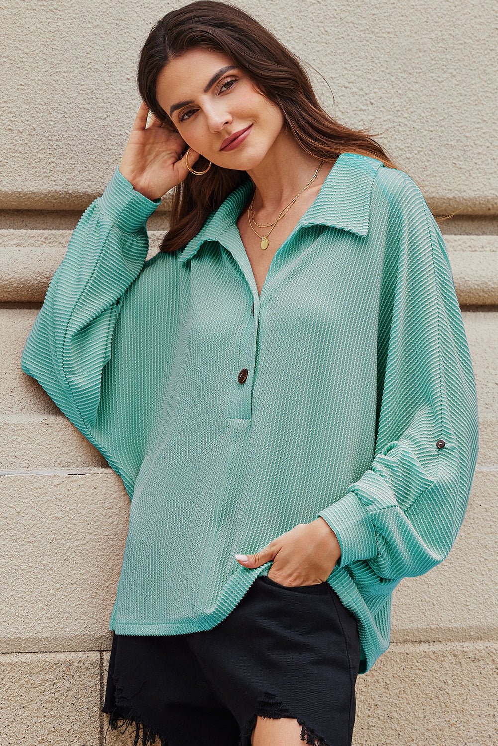 Corded Knit Roll-Up Sleeve Collared Henley Top - Rooted & Reckless Co.