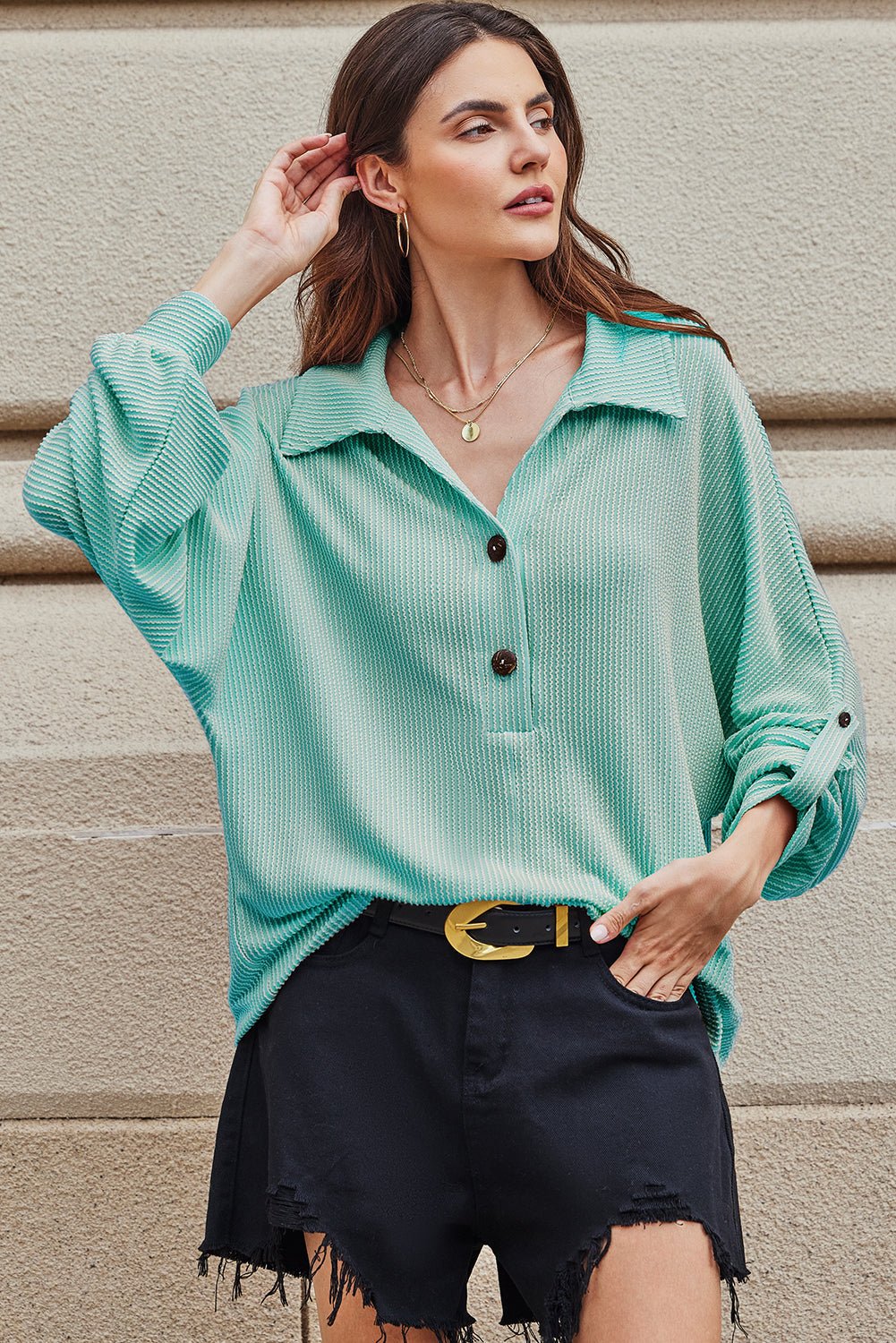 Corded Knit Roll-Up Sleeve Collared Henley Top - Rooted & Reckless Co.