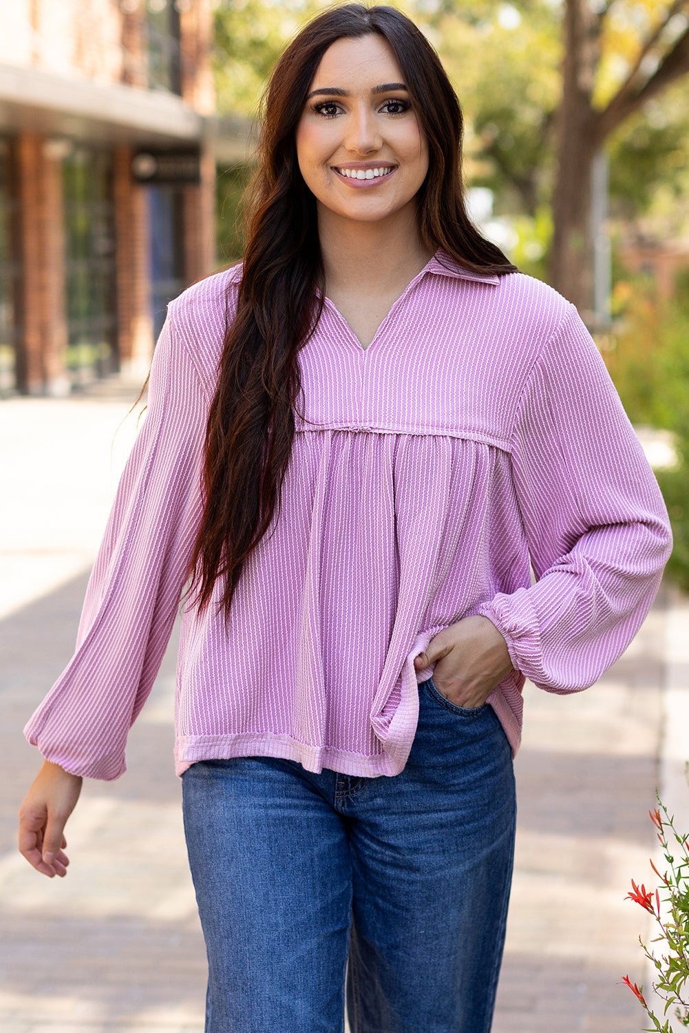 Corded V-Neck Bubble Sleeve Babydoll Blouse - Rooted & Reckless Co.