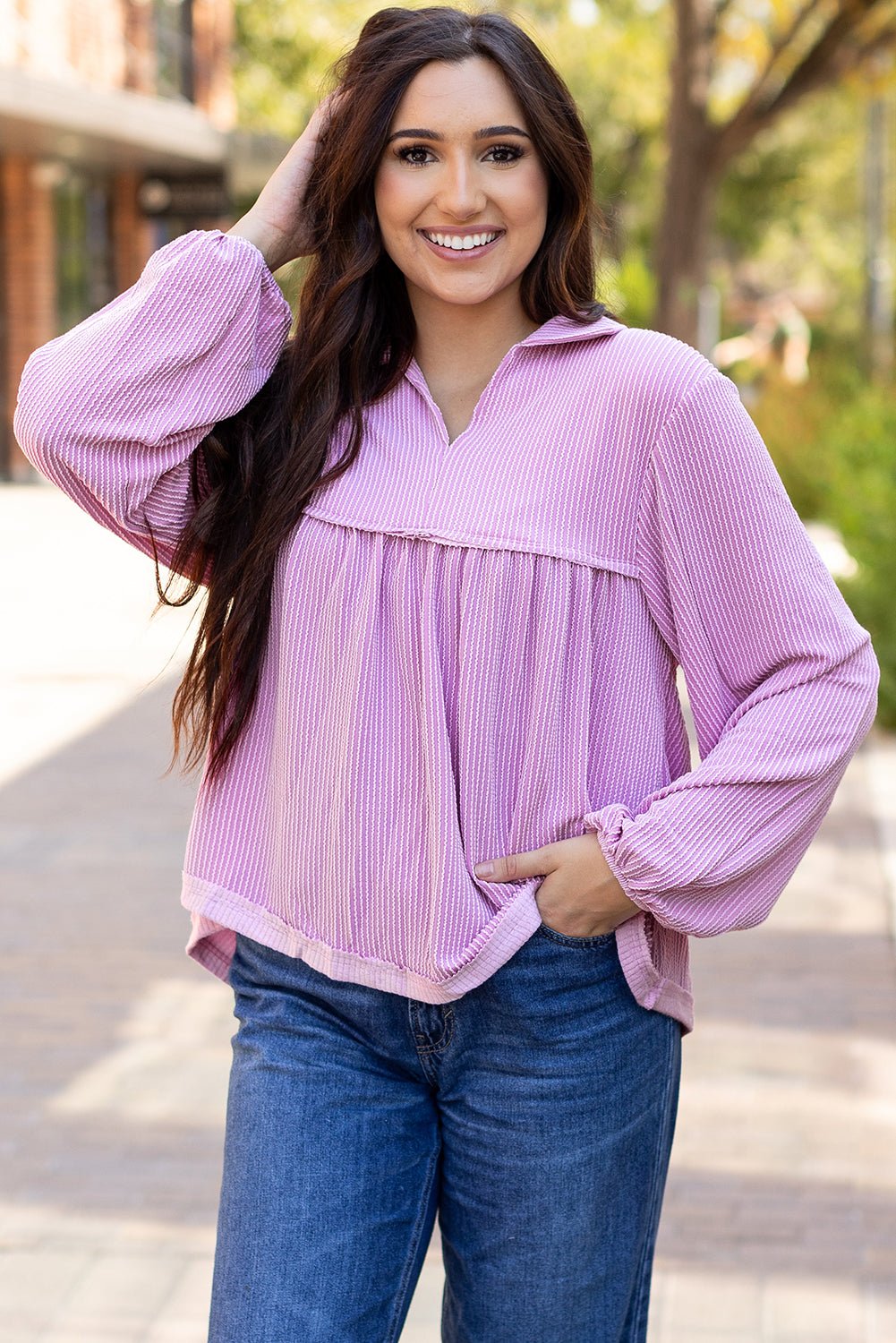 Corded V-Neck Bubble Sleeve Babydoll Blouse - Rooted & Reckless Co.