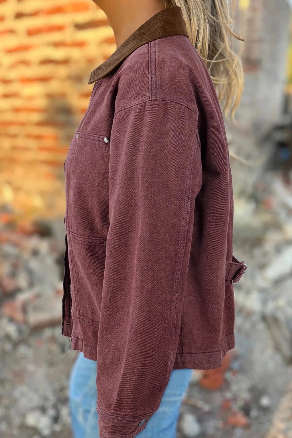 Corduroy Collar Zipped Front Denim Jacket - Rooted & Reckless Co.