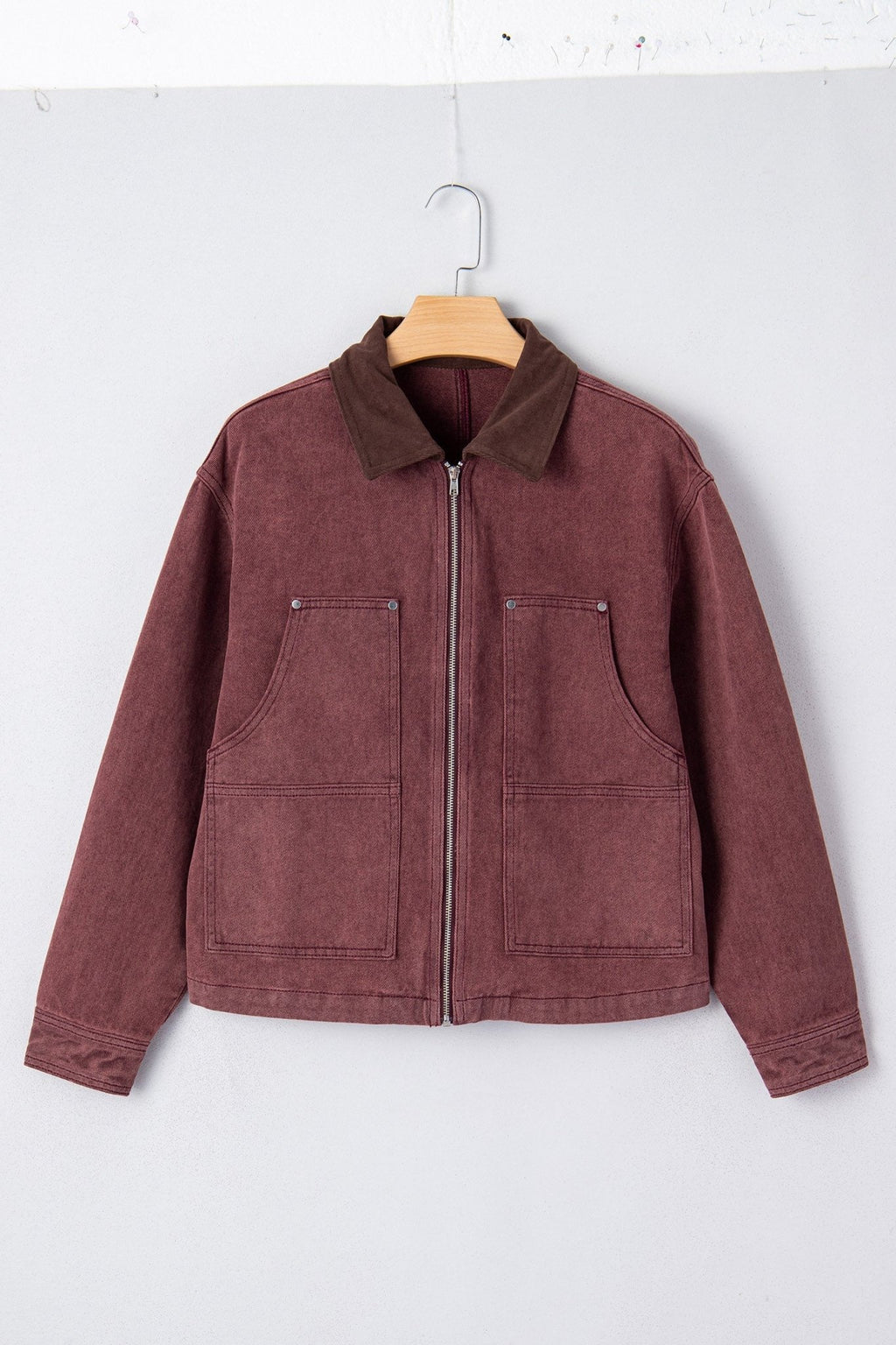 Corduroy Collar Zipped Front Denim Jacket - Rooted & Reckless Co.