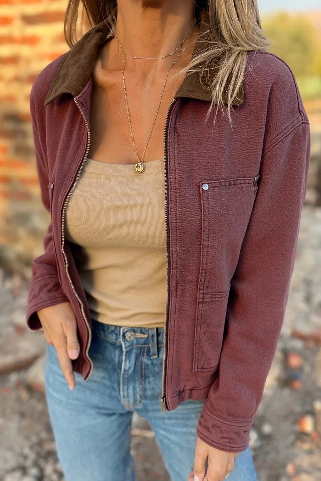 Corduroy Collar Zipped Front Denim Jacket - Rooted & Reckless Co.