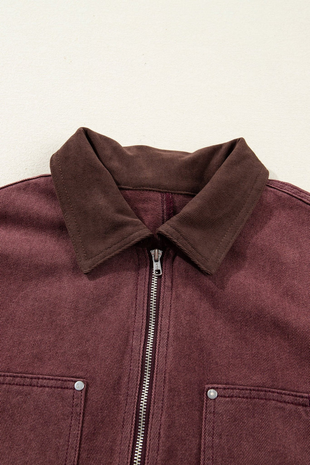 Corduroy Collar Zipped Front Denim Jacket - Rooted & Reckless Co.