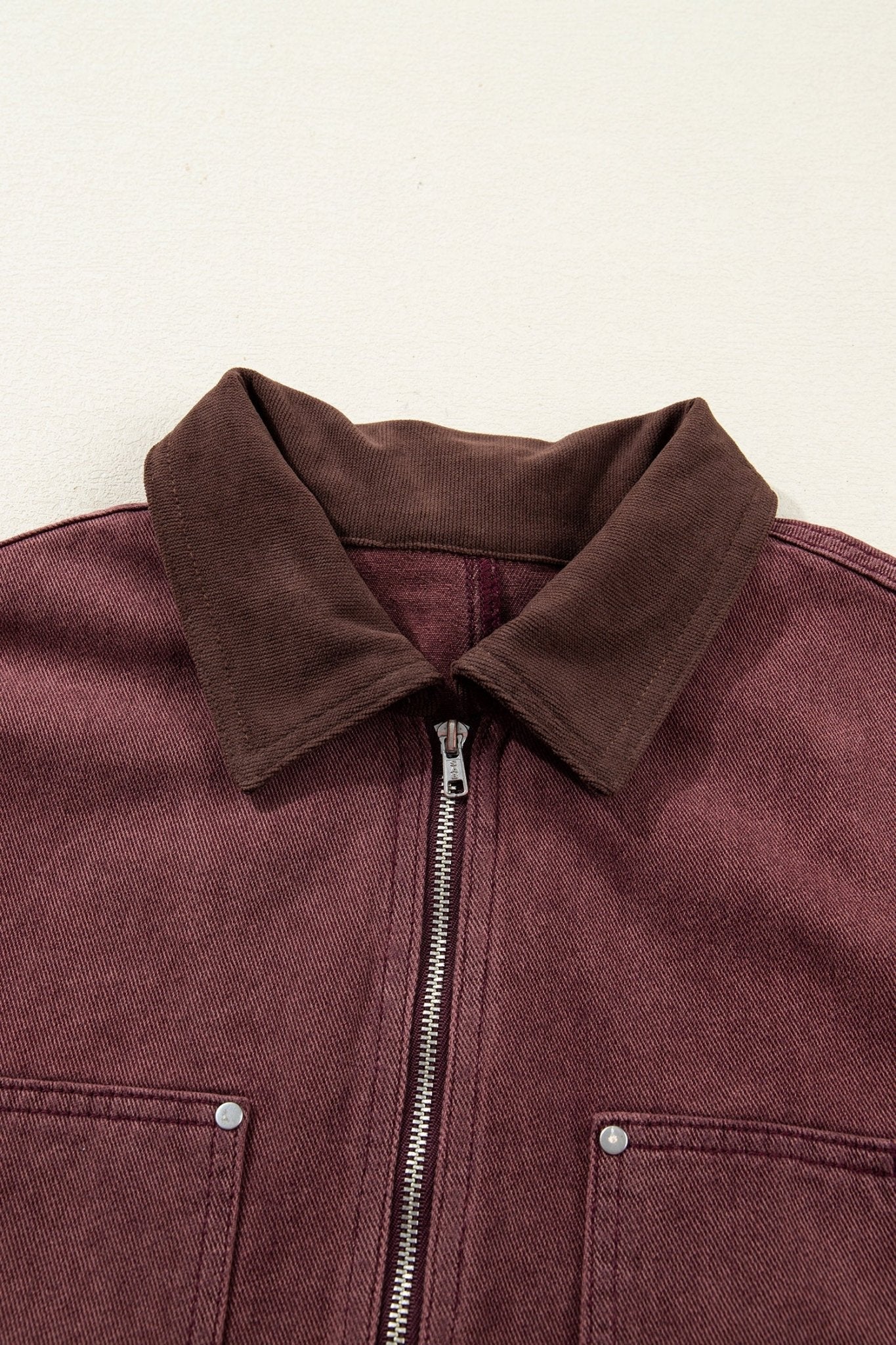 Corduroy Collar Zipped Front Denim Jacket - Rooted & Reckless Co.