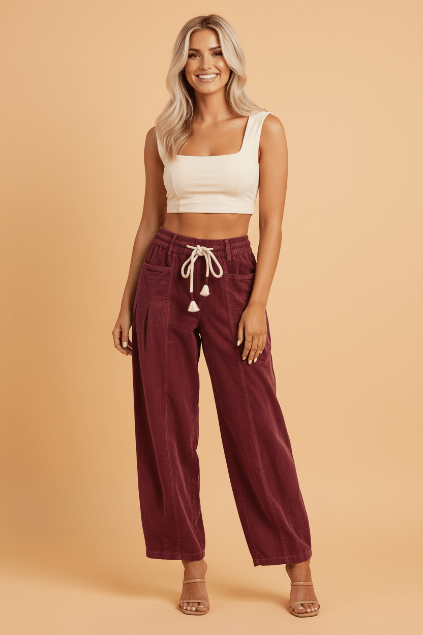 Corduroy Drawstring Waist Pleated Straight Leg Pants - Rooted & Reckless Co.