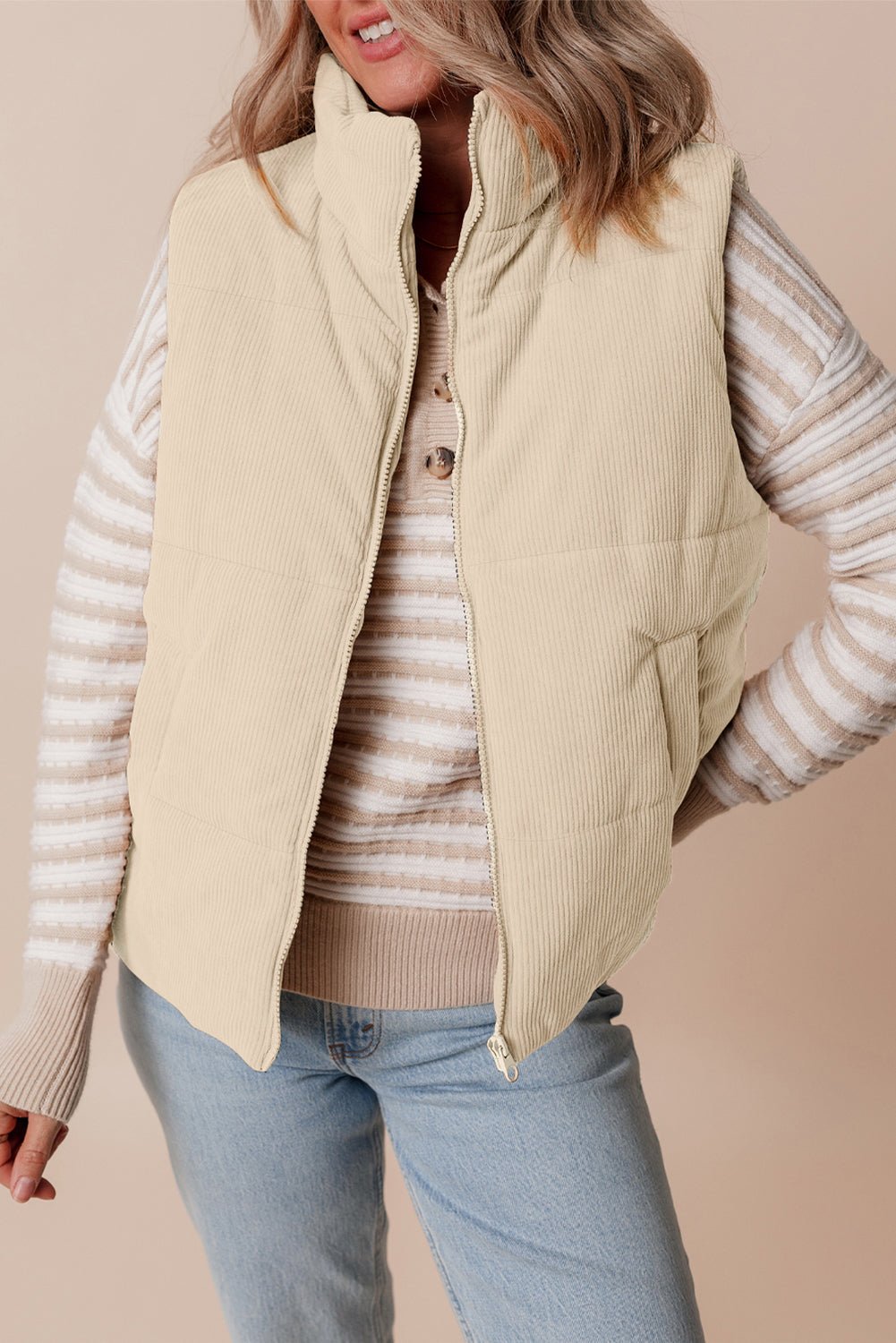 Corduroy Stand Neck Zipped Puffer Vest - Rooted & Reckless Co.