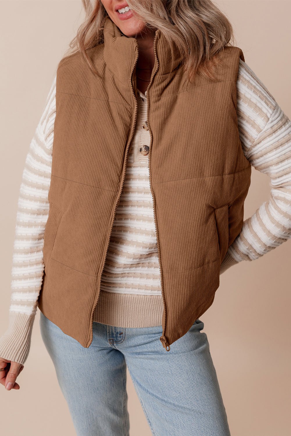 Corduroy Stand Neck Zipped Puffer Vest - Rooted & Reckless Co.