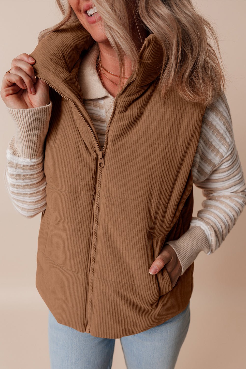 Corduroy Stand Neck Zipped Puffer Vest - Rooted & Reckless Co.