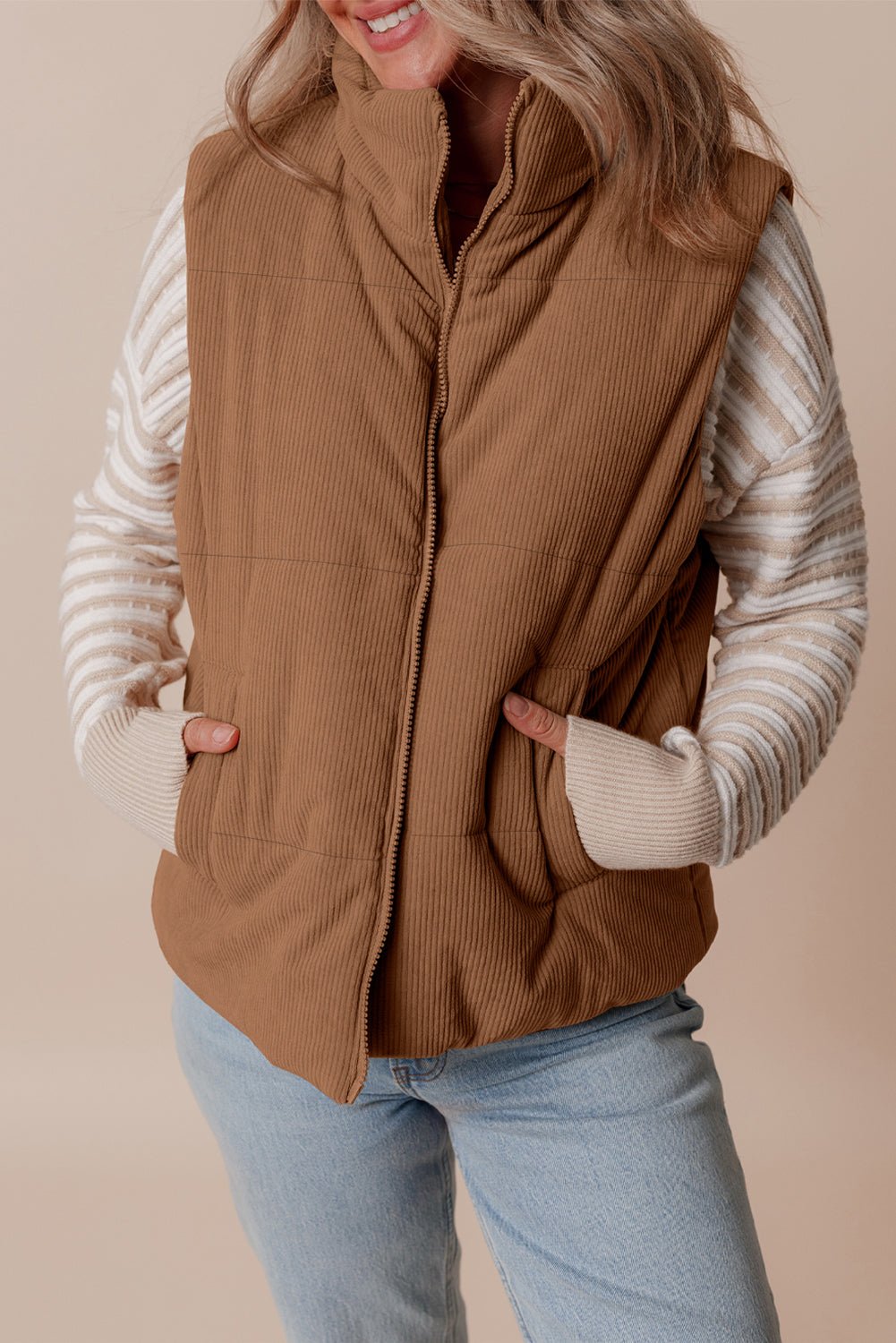 Corduroy Stand Neck Zipped Puffer Vest - Rooted & Reckless Co.