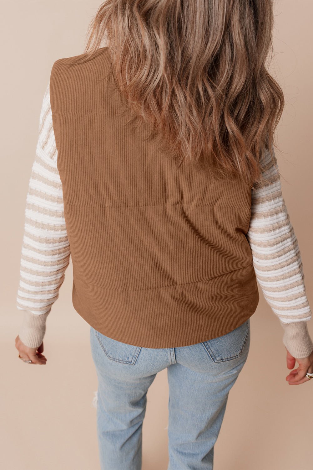 Corduroy Stand Neck Zipped Puffer Vest - Rooted & Reckless Co.