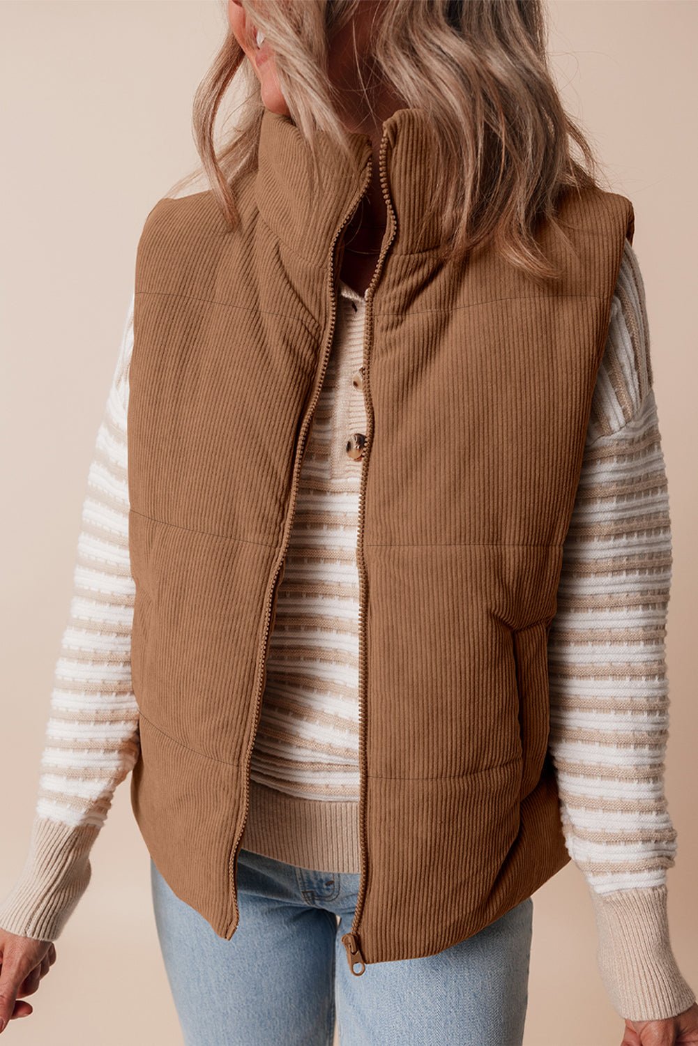 Corduroy Stand Neck Zipped Puffer Vest - Rooted & Reckless Co.