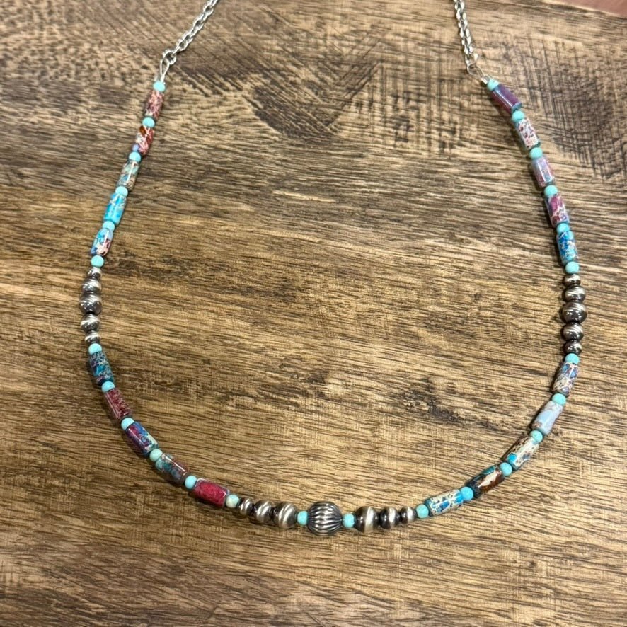 Corrugated Silver Pearl and Jasper Barrel Bead Necklace - Rooted & Reckless Co.
