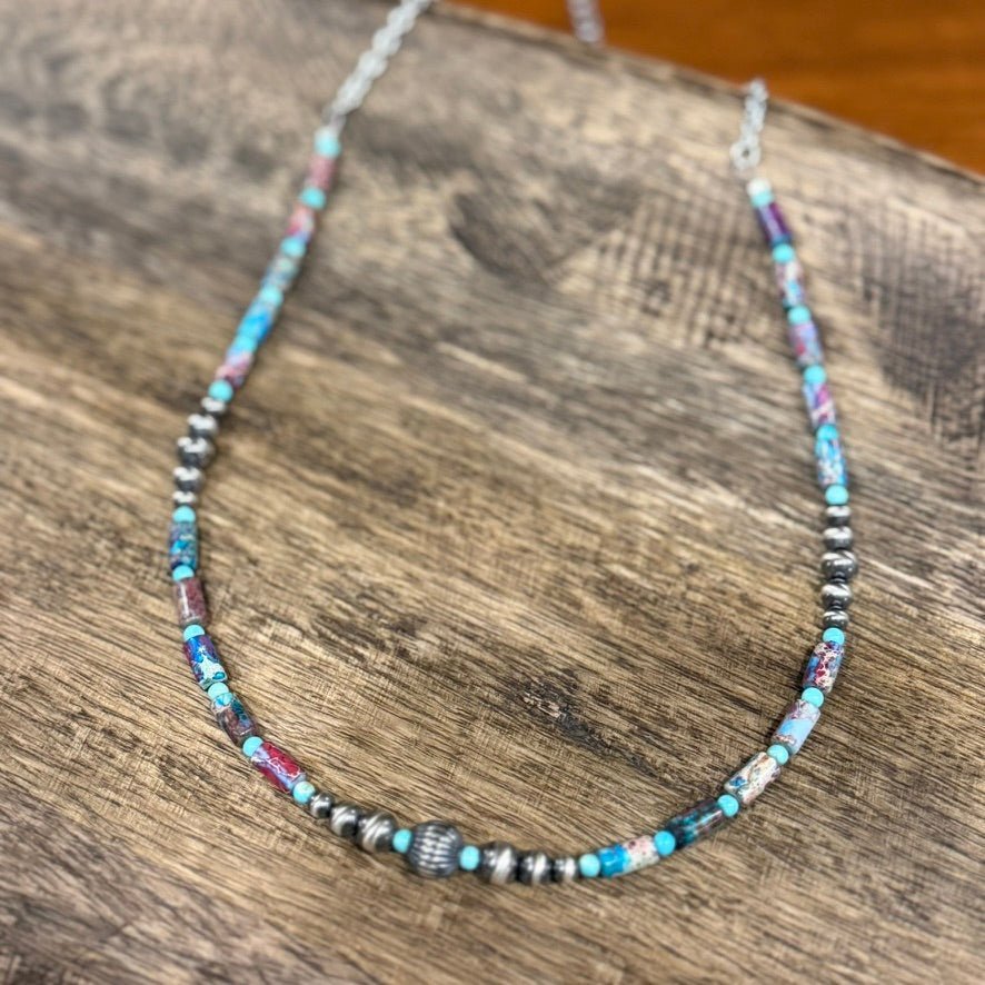 Corrugated Silver Pearl and Jasper Barrel Bead Necklace - Rooted & Reckless Co.