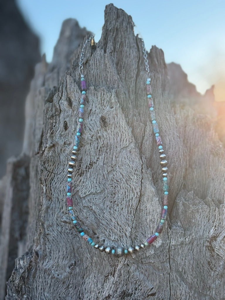 Corrugated Silver Pearl and Jasper Barrel Bead Necklace - Rooted & Reckless Co.