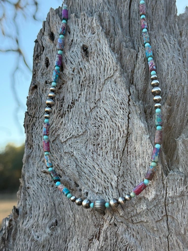 Corrugated Silver Pearl and Jasper Barrel Bead Necklace - Rooted & Reckless Co.
