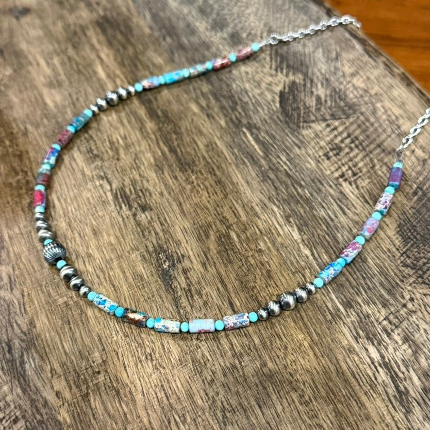 Corrugated Silver Pearl and Jasper Barrel Bead Necklace - Rooted & Reckless Co.