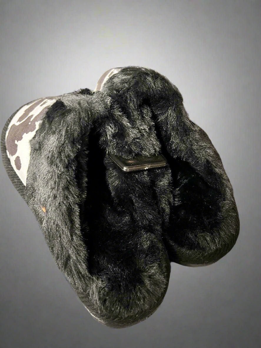 Cow Print Faux Fur Slippers - Black and white - Rooted & Reckless Co.