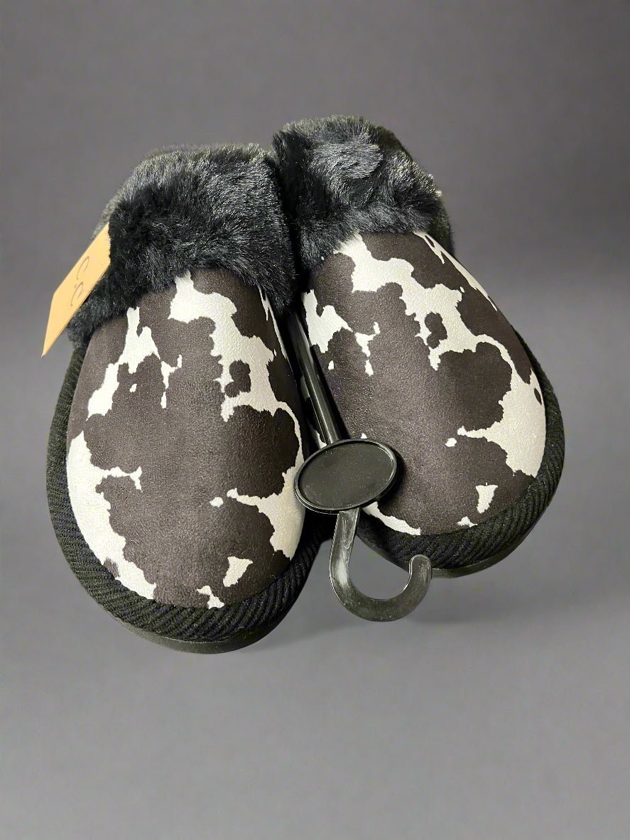Cow Print Faux Fur Slippers - Black and white - Rooted & Reckless Co.
