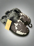 Cow Print Faux Fur Slippers - Black and white - Rooted & Reckless Co.