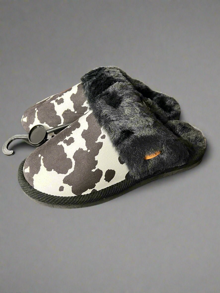 Cow Print Faux Fur Slippers - Black and white - Rooted & Reckless Co.
