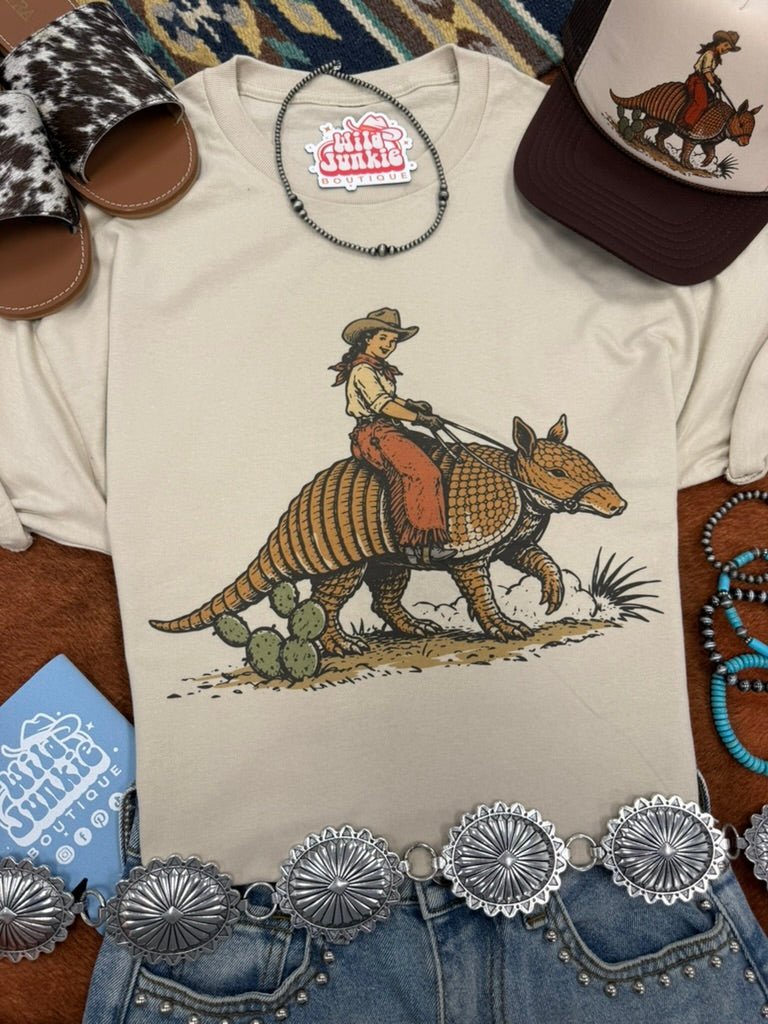 Cowboy Riding Armadillo Graphic Tee - Rooted & Reckless Co.