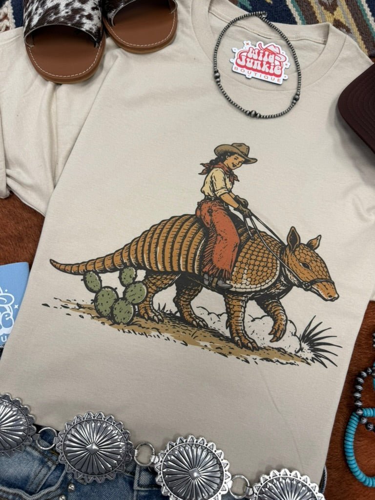 Cowboy Riding Armadillo Graphic Tee - Rooted & Reckless Co.