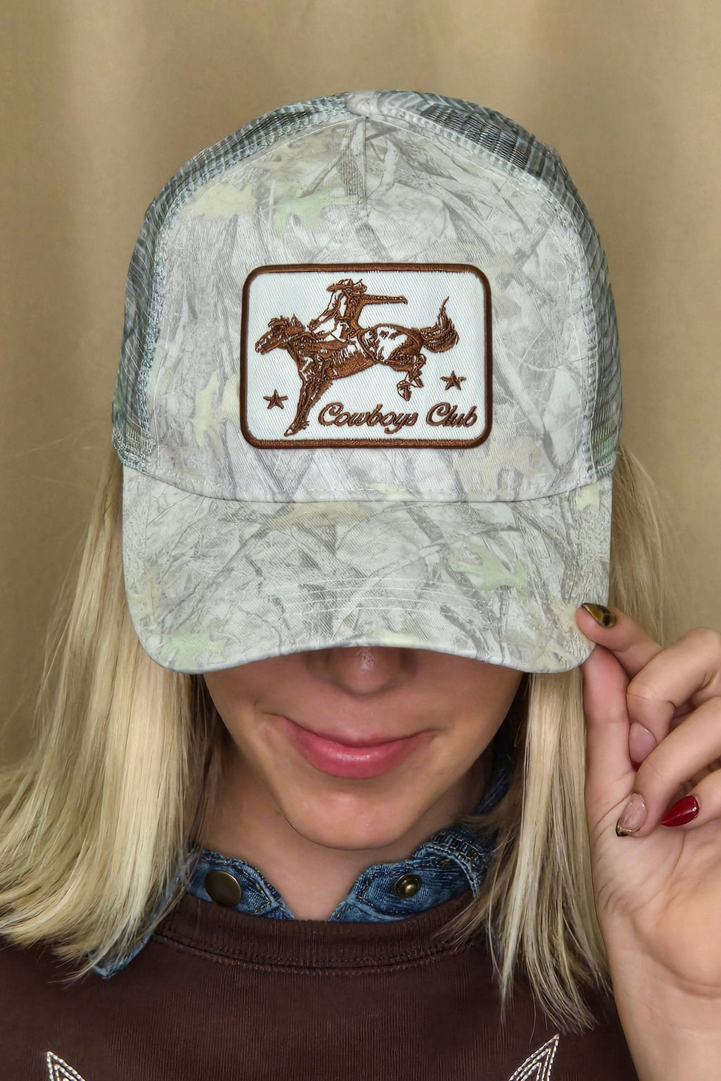 "Cowboys Club" Cowboy & Horse Embroidered Patch Mesh Cap — Wild West Charm with Adjustable Snapback - Rooted & Reckless Co.
