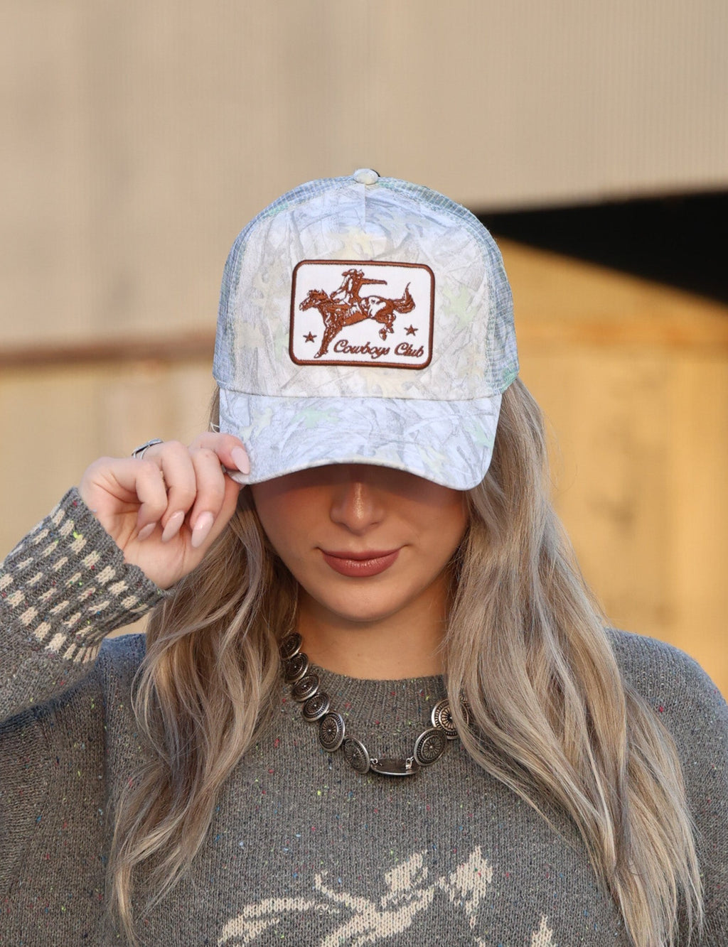 "Cowboys Club" Cowboy & Horse Embroidered Patch Mesh Cap — Wild West Charm with Adjustable Snapback - Rooted & Reckless Co.