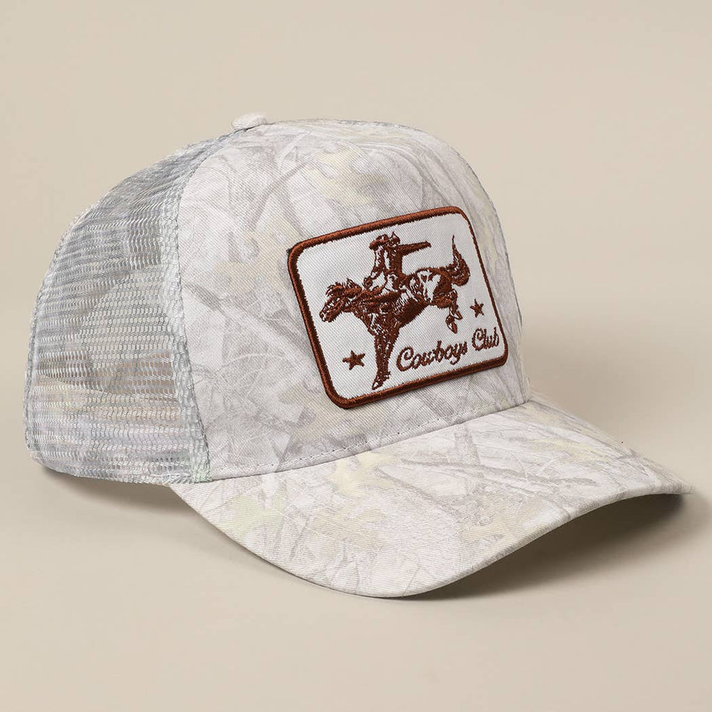 "Cowboys Club" Cowboy & Horse Embroidered Patch Mesh Cap — Wild West Charm with Adjustable Snapback - Rooted & Reckless Co.