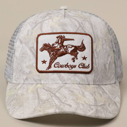 "Cowboys Club" Cowboy & Horse Embroidered Patch Mesh Cap — Wild West Charm with Adjustable Snapback - Rooted & Reckless Co.