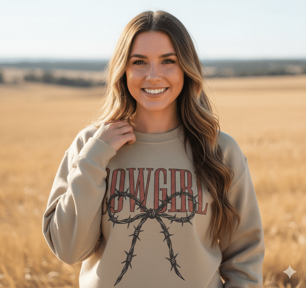 Cowgirl Barbed Wire Bow Graphic Sweatshirt - Rooted & Reckless Co.