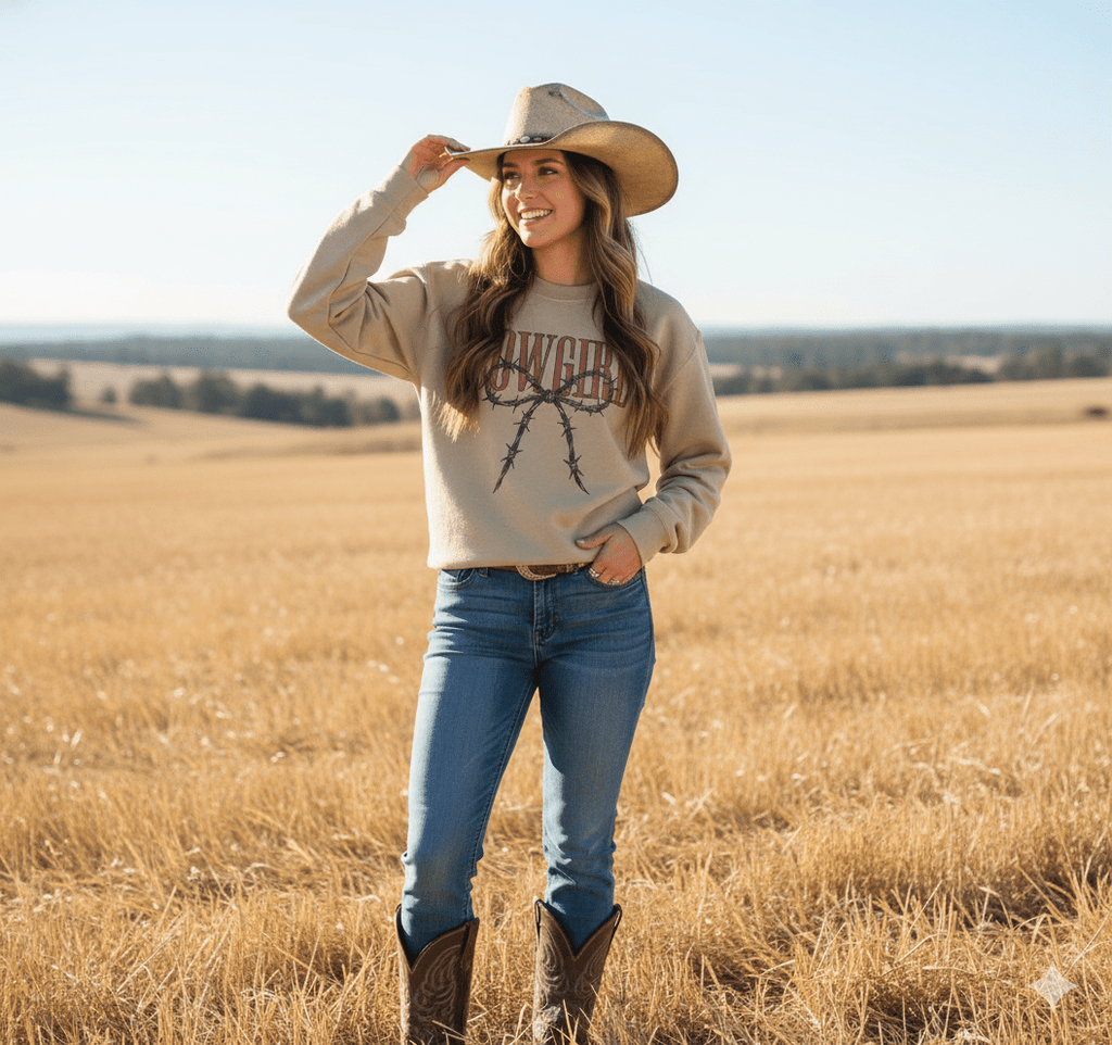 Cowgirl Barbed Wire Bow Graphic Sweatshirt - Rooted & Reckless Co.