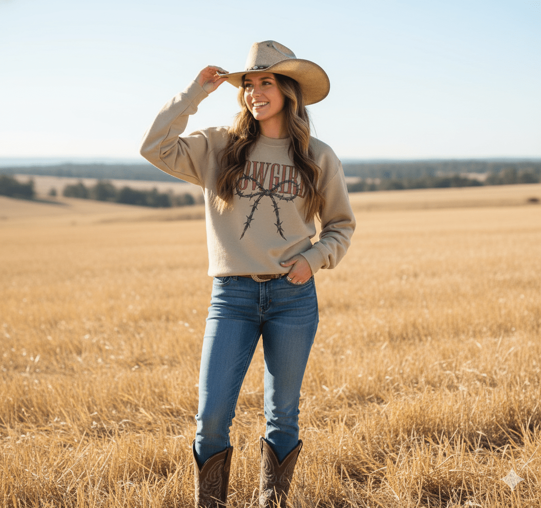 Cowgirl Barbed Wire Bow Graphic Sweatshirt - Rooted & Reckless Co.